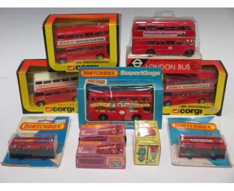 Model buses: Corgi 469, Routemaster, cream roof 'Oxo', two others 'BTA', Superkings K-15, Matchbox 17 (x 4); and others  