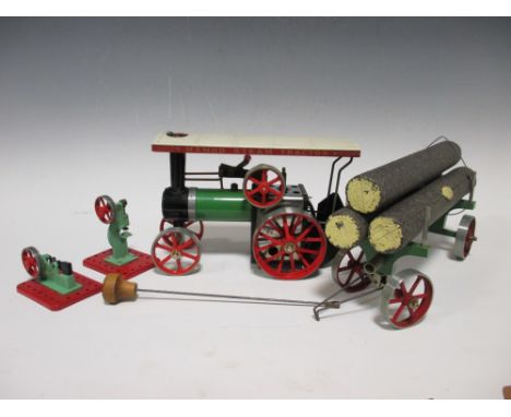 Mamod TE1A spirit fired traction engine and log trailer and two small Mamod hammers (3)  