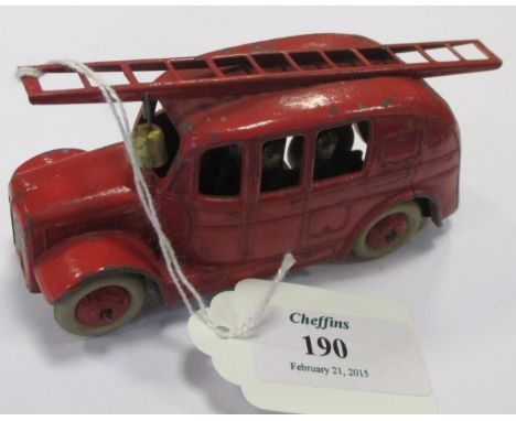 Dinky No.25K Pre-war Streamline Fire Engine - red body, ladder, smooth hubs, white tyres, 6 tinplate firemen, bell, small fat