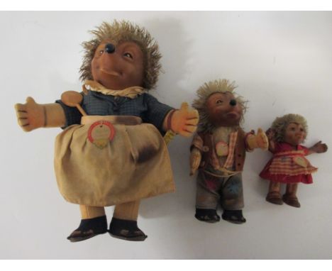 Three Steiff hedgehogs, Micki, Mecki and Mucki, some staining and wear (3)  