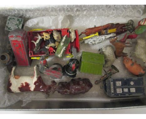 A small collection of diecast and other small models, including a vintage Mickey and Minnie Mouse pail  