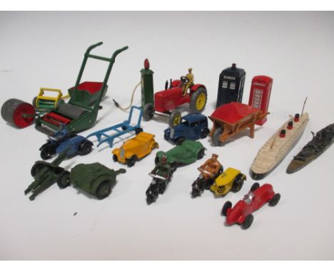 Dinky Toys: Queen Mary on brass rollers; 751 Lawnmower; Massey Harris tractor; 3 motorcycles; Shell pump; 4 small scale cars;