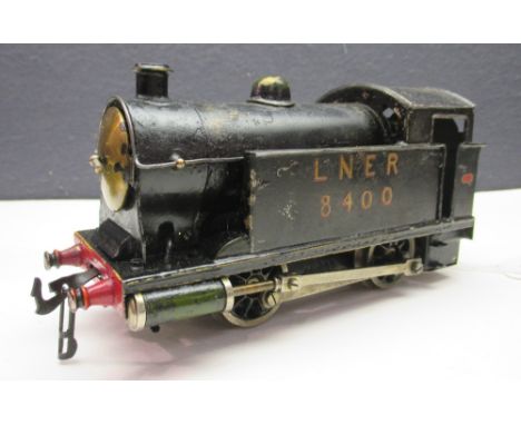 Model O gauge LNER black 0-4-0 live steam tank engine 8400, with burner, probably repainted, possibly Bassett Lowke, chipping