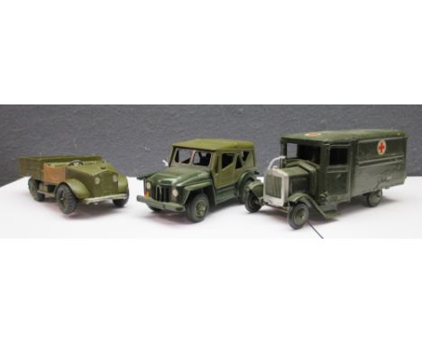 Britains Army Ambulance, square nose, dark green, black tyres, some playwear; with a Beetle Lorry (lacking canopy) and an Aus