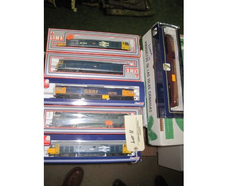 Lima; six boxed diesel locomotives, 50044 Exeter - British Rail, 50043 Eagle - British Rail, 66706 GBRF, D1004 Western Crusad