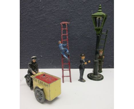 Johillco Lead Street Gas Lamp Set, with two lamp cleaners and ladder, another ladder with worn climber, and an unmarked Mores