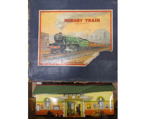 Hornby 0 gauge - No.3 station (creased), boxed and LMS tank engine 2270, LNER 460, and boxed freight, wagons, accessories and