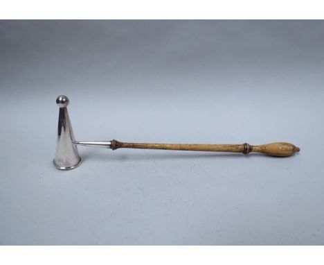 A J. Parkes & Co silver candle snuffer, London 1967, with wooden handle 