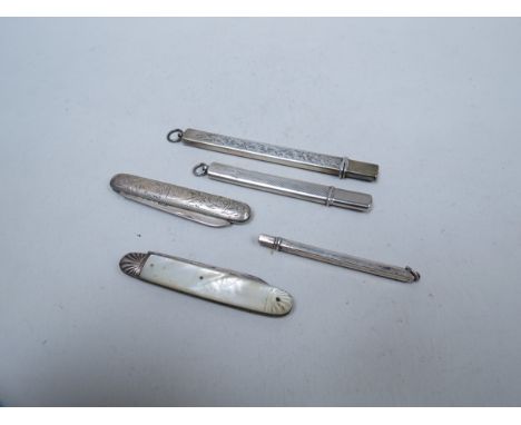 Three silver pencils and two silver bladed penknives