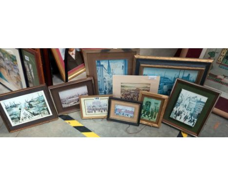 An unframed L S Lowry print and eight similar pictures.
