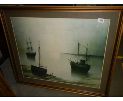 A large print of an estuary with fishing boats signed G Bria, COLLECT ONLY.