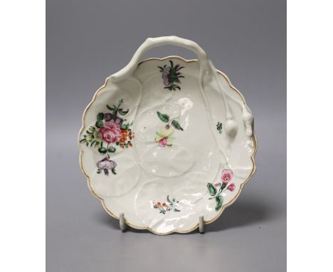 Worcester fine leaf shaped dish of blind earl type painted with polychrome flowers c.1770 - 15.5cm tall