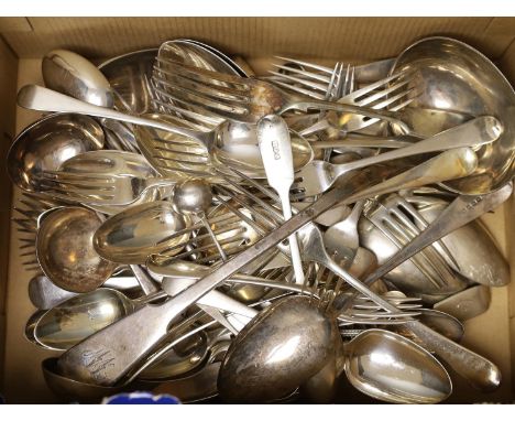 A mixed quantity of assorted 19th century and later silver flatware, various dates and makers, including a set of six Old Eng
