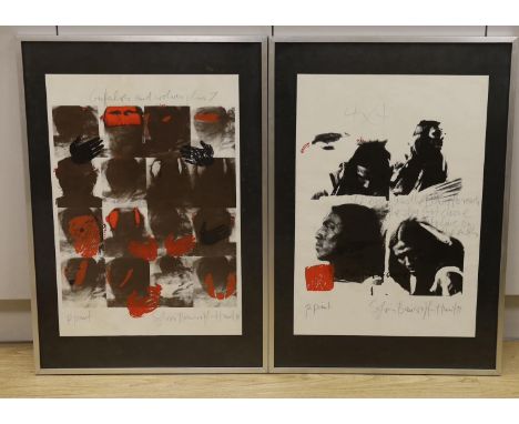 Sylvia Bancroft-Hunt, two photo prints, 'Four by Four' and 'Buffalo's and Wolves', signed and dated '80, 64 x 45cm