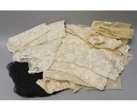 A collection of 19th century hand made Honiton bobbin lace collars, trim etc and various needle run bonnet veils, a Maltese s
