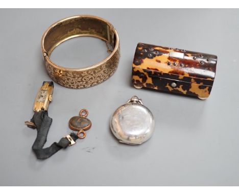 A group of mixed collectables including a George V silver sovereign case, a tortoiseshell small box, a gold plated bangle and