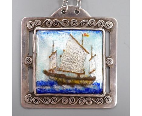 A continental white metal and polychrome enamel square pendant on chain, pendant 42mm, maker EK?.