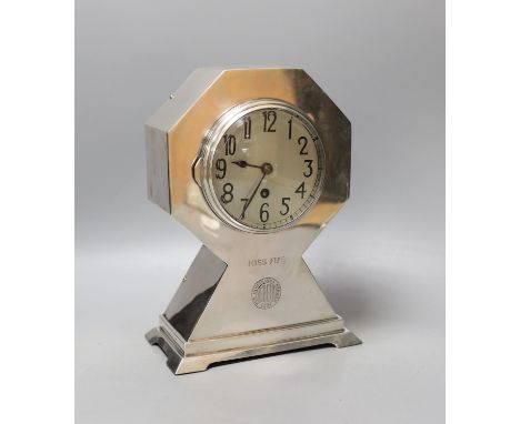 An early 20th century German 800 standard white metal cased mantel clock, retailed by Friedlander, Berlin, height 25.5cm.