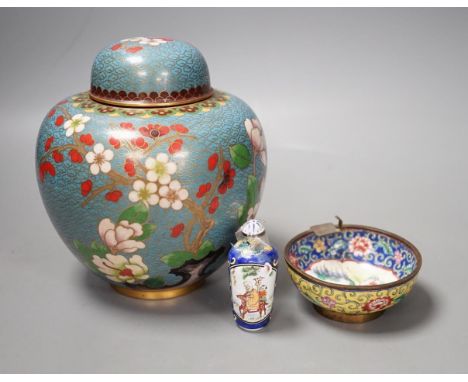 A Canton enamel tea bowl, snuff bottle, and a cloisonne enamel jar and cover