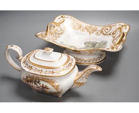 A Derby twin handled dish painted with a 'View in the Isle of Wight' and teapot and cover with two scenes, 'View in Scotland'
