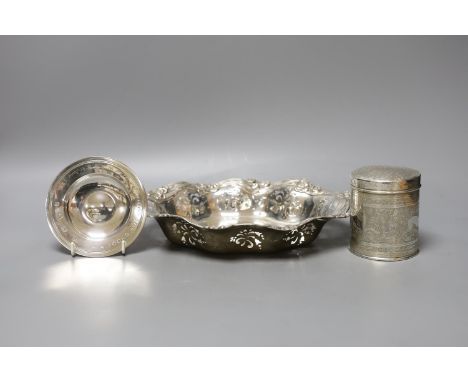 An American pierced sterling bowl, by Caldwell &amp; Co, 28.5cm, a 1960's small silver armada dish and an Egyptian white meta