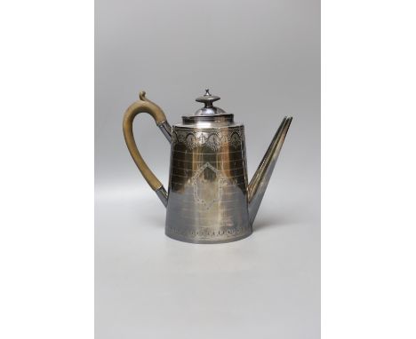 A Victorian engraved silver coffee pot, Fenton Brothers, Sheffield, 1875, height 22.3cm,gross weight 19oz.