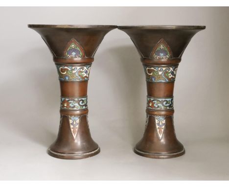 A pair of Japanese bronze and champleve enamel vases, Meiji period, 25.5cm