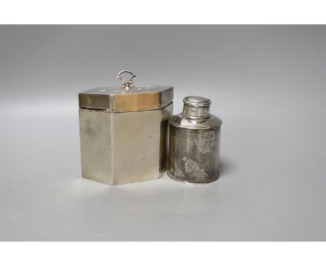 A George V silver hexagonal tea caddy, with bat's wing motif, Thomas Bradbury &amp; Sons, London, 191, width 11.1cm and a sma