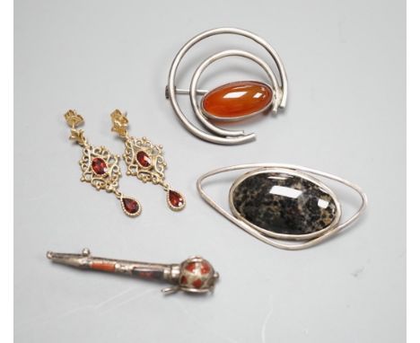 A modern pair of 9ct and gem set drop earrings and three white metal gem set brooches, including one silver and one set with 