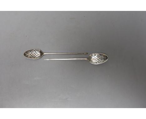 Two 18th century silver mote spoons, one a.f., longest 13.6cm, maker's mark RR for one spoon.