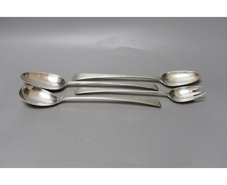 Two George III silver Old English pattern feather edge basting spoons and a pair of similar servers, various makers and dates