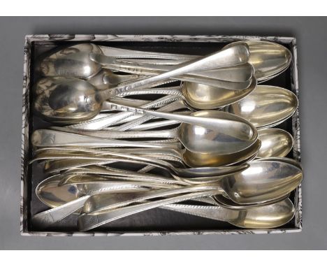 A matched harlequin set of thirty five late 18th/early 19th century silver Old English feather edge pattern table spoons, var