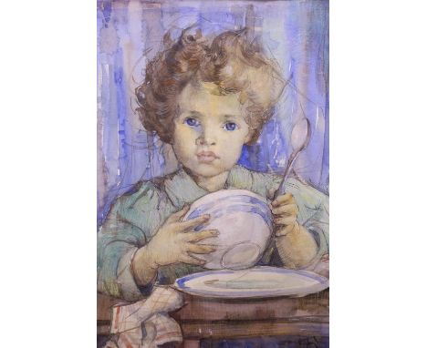 Roy Thompson, watercolour and pastel, Portrait of a child holding a bowl and spoon, monogrammed with labels verso, 45 x 38cm