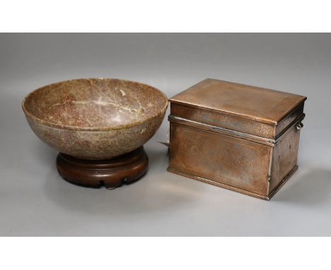 An Indo-Persian engraved copper plated tea caddy and Chinese soapstone bowl on stand. Diameter of bowl 20.5cm