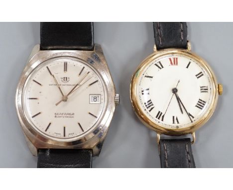 A gentleman's 1930' 9ct gold manual wind wrist watch, on a leather strap, 27.5 grams and a similar stainless steel Watches of