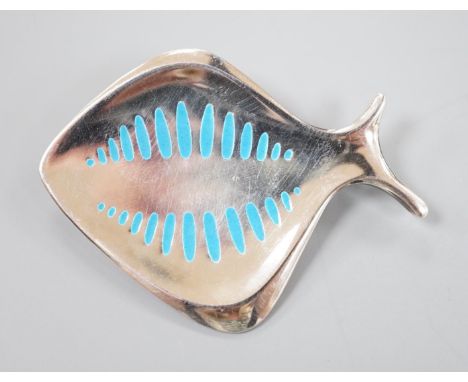 A Georg Jensen sterling and blue enamel stylised fish brooch, no. 343, 55mm.