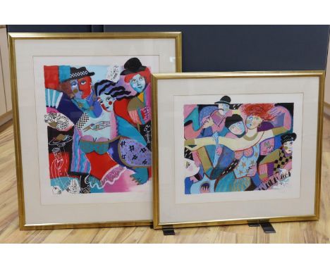 Two modern limited edition prints, ‘Show Time’ and ‘Dancing Woman’, indistinctly signed, 120/350 and 269/350, 66 x 55cm and 5