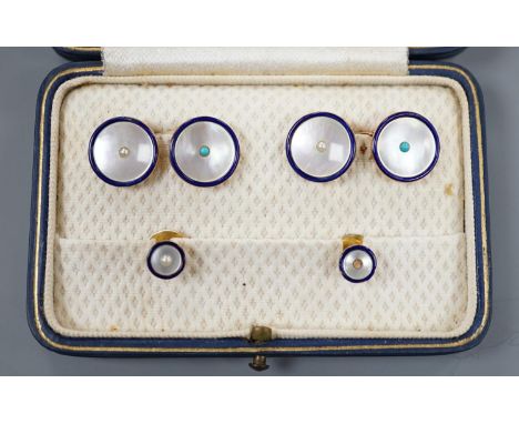 A cased four piece 9ct, mother of pearl turquoise and blue enamel dress stud set, comprising a pair of cufflinks and two stud