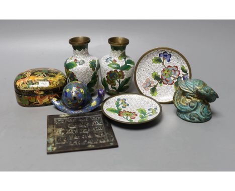 A Chinese bronze phoenix, a bronze plaque and Chinese cloisonne wares (8)