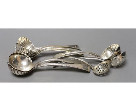 A set of four George III silver Old English pattern feather edge sauce ladles, London, 1771, 17.6cm, six other similar sauce 