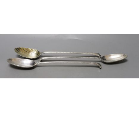 Three George III silver Onslow pattern basting spoons, two with pinched marks, one dated London, 1780, approx. 29.5cm, 10oz.