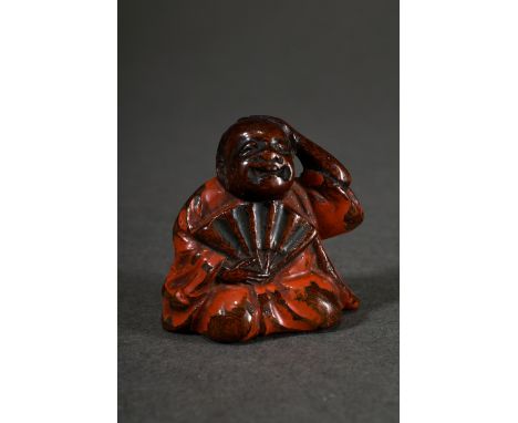 Holz Netsuke "Sitzender Erzähler mit Fächer" mit Resten von Negoro Rotlack, verschieden große Himotoshi, Japan, 19.Jh. (Edo P