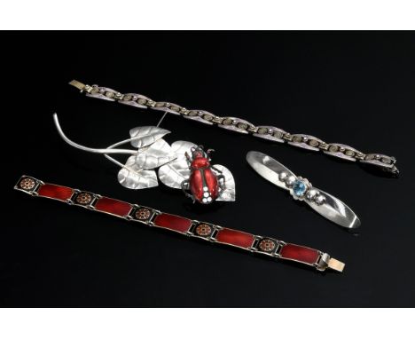 4 Diverse Teile Art Deco Schmuck: 1 Silber 925 Armband mit rot-schwarzer Emaille (12,3g, L. 16,1cm), 1 Silber 830 Armband mit