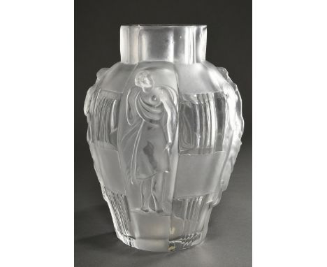 Große Art Deco Vase "Ingrid" mit Reliefdarstellung von 4 Frauen in antiken Gewändern zwischen geometrischem Dekor, farbloses 