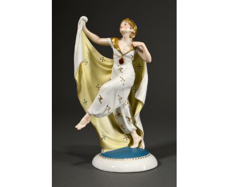 Art Deco Porzellan Figur "Orientalische Tänzerin", farbig staffiert auf rundem Sockel, Boden gestempelt: Hertwig &amp;amp; Co