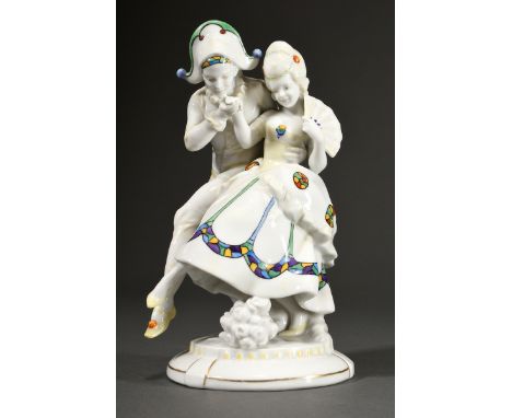 Art Deco Porzellan Gruppe "Tanzendes Paar", farbig staffiert auf rundem Sockel, Boden gestempelt: Hertwig &amp;amp; Co Katzhü