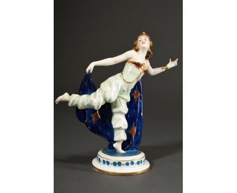 Schwarza-Saalbahn Art Deco Porzellan Figur "Orientalische Tänzerin", farbig staffiert auf rundem Sockel, Boden gestempelt, Pr