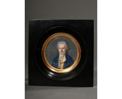 Miniatur in lupenfeiner Malerei "Portrait eines Herrn mit hoher Stirn und gepuderter Perücke", 18.Jh., Gouache auf Elfenbein,