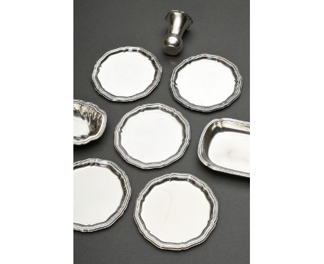 8 Diverse Teile Untersetzer, Väschen und Schälchen mit Chippendale Rand, verschiedene Hersteller, Silber 835, 310g, Ø 11cm, H