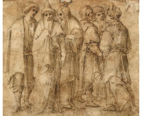 Bloemaert, Abraham (1564-1651) zugeschr. "Sechs Personen", Federzeichnung, laviert, verso m. Ausschnitt aus dem Versteigerung